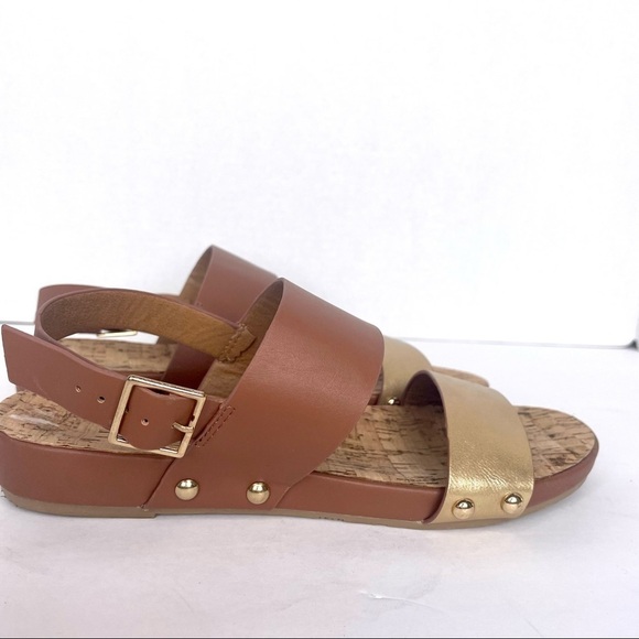 Restricted Gold and Brown Two Strap Open Toe Studded Buckle Sandal Shoes Size 6 - Picture 8 of 12